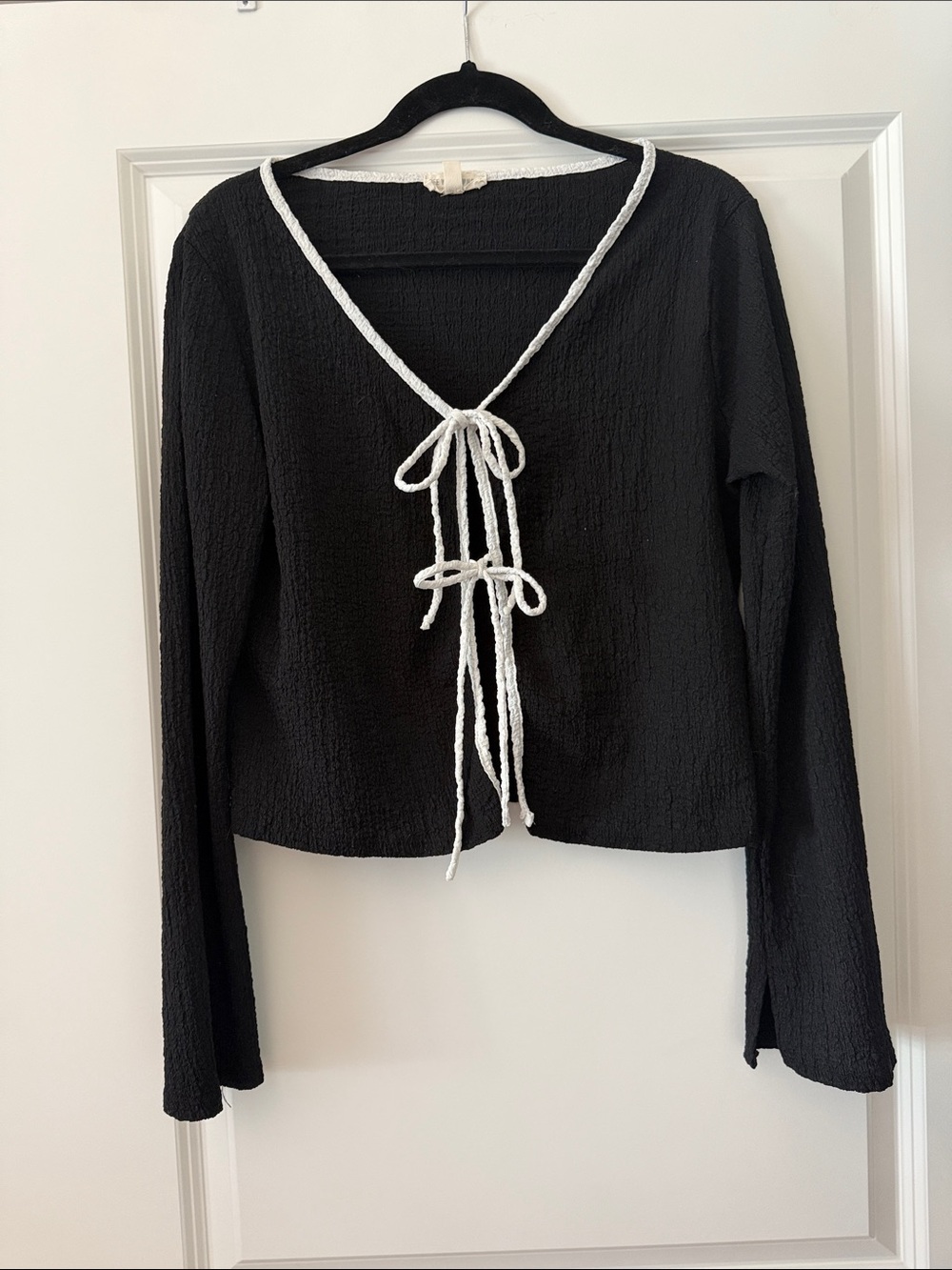 Women's Black Long-Sleeve Tie-Front Top with White Trim